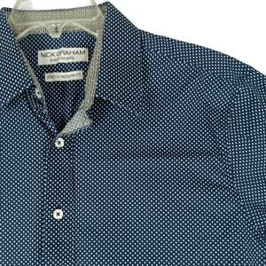 Nick Graham Everywhere Sport Shirt Mens Large Blue/White Polka Dot Party No Tuck